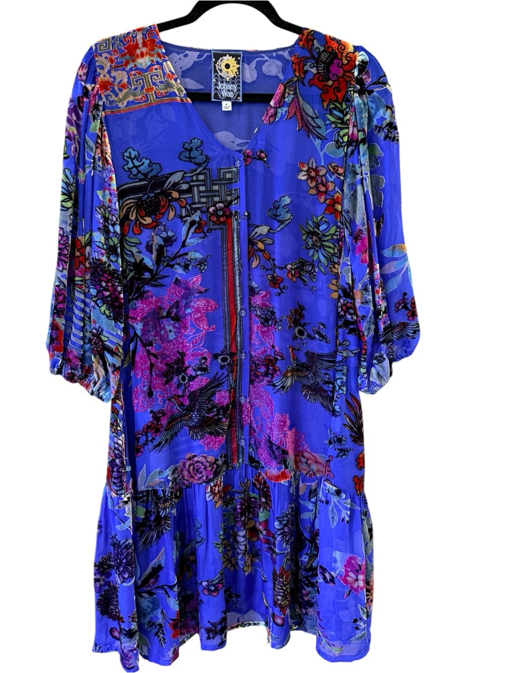 Johnny Was Silk Blend Blue Floral Boho Tunic Dress Medium